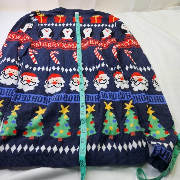 H&M Christmas Friends Sweater Size XS Holiday Santa Print Blue Pullover Shirt - Picture 4 of 5